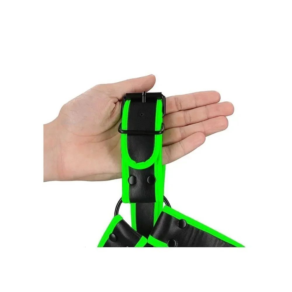 🦋B2G1🦋OUCH Glow In The Dark NEON GREEN Bonded Leather Chest Bulldog Harness L/XL